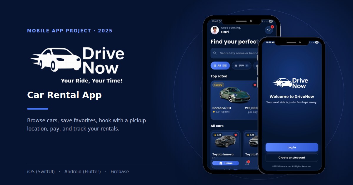 Drive Now app home screen and welcome screen shown on two phones