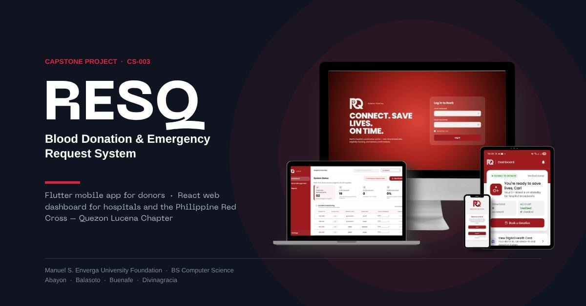 ResQ admin portal, hospital dashboard, and donor mobile app shown on desktop, laptop, tablet, and phone